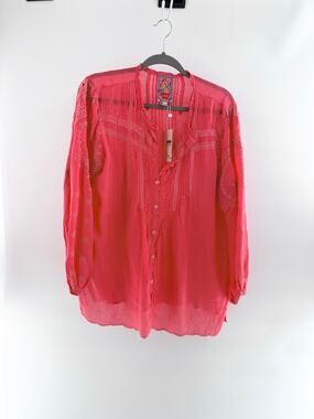 Johnny Was Helia Embroidered Long Sleeve Tunic Shirt Coral Pink Women's Size L